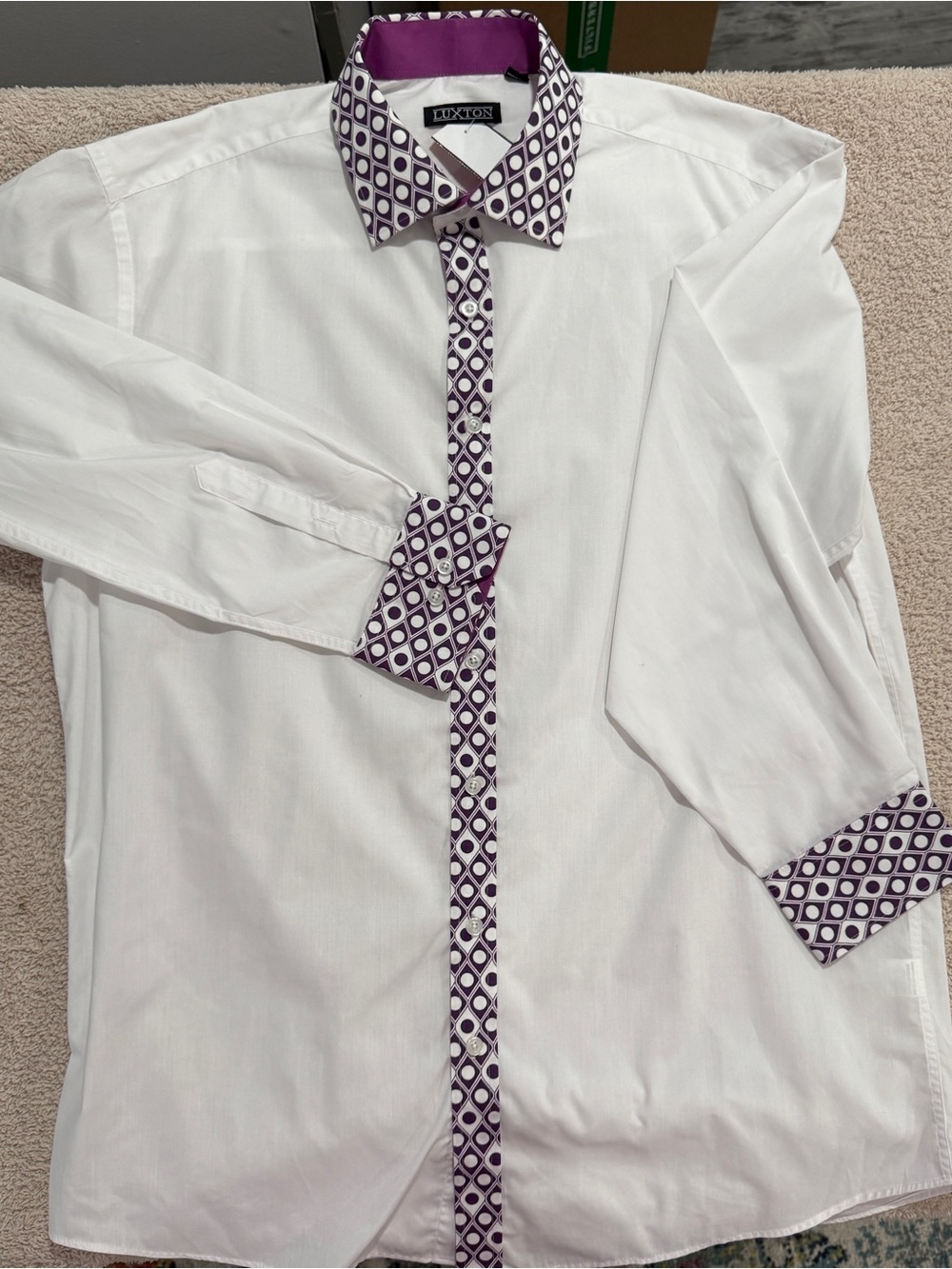 Luxxton White Dress Shirt with Purple Geometric Trim